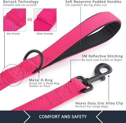 Plutus Pet Double Handle Dog Leash 4ft, Heavy Duty, Reflective Dual Handle Dog Leash for Safety Training, for Medium Large Dogs,2 Handle Leads(Pink)