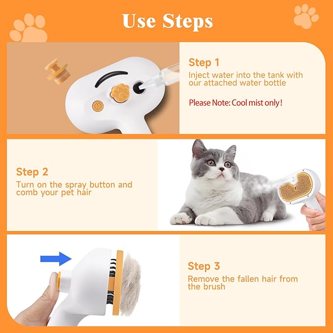 Pet Steam Brush for Dog & Cat – shower bath brush – Steam for Shedding & Grooming Water Brush for Long & Short Haired Pets Spritz Defur Comb 3-in-1 Spray Hair Removal Comb Includes