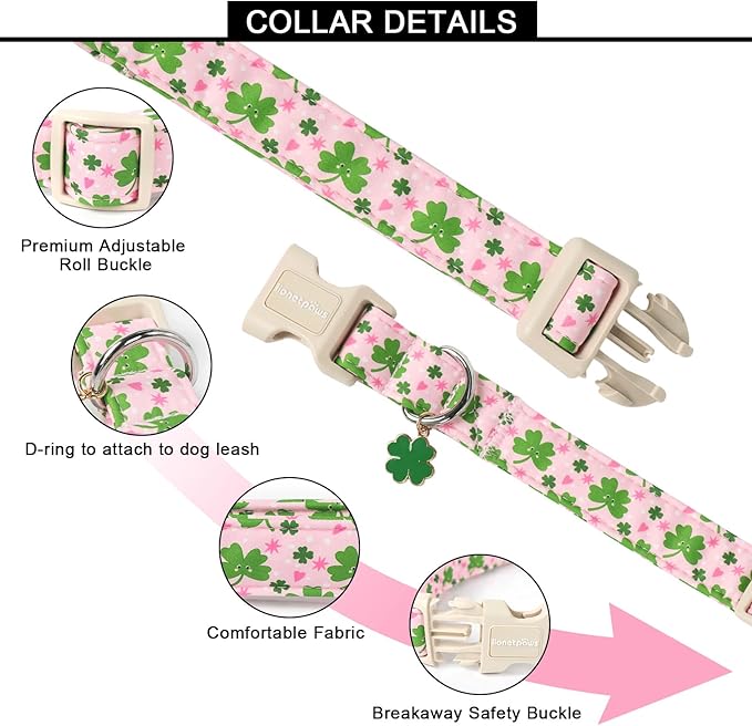 Lionet Paws St. Patrick Dog Collar- Cute Clover Pink Dog Collars with Plastic Buckle, Light Adjustable Dog Collars with Clover Pendant for Medium Large Dogs