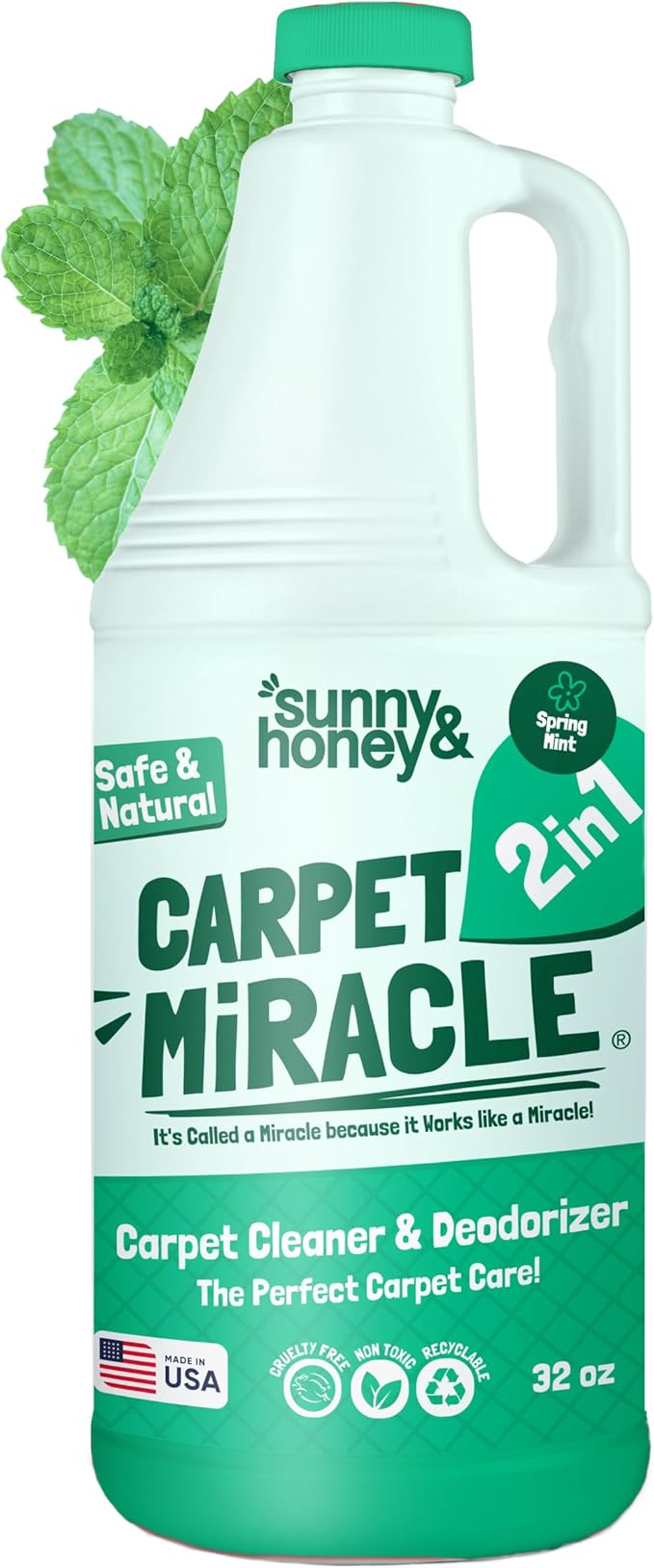 Sunny & Honey Carpet Shampoo & Cleaning Solution - USA Made Carpet Cleaner Machine Solution - Rug & Upholstery Cleaner - Stain Remover & Odor Deodorizer (32 fl oz Spring Mint Scent)
