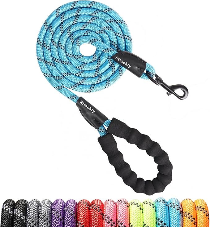 Rttochfy Rope Dog Leash 2/4/5/6/8/10 FT with Comfortable Padded Handle and Highly Reflective Threads for Small Medium and Large Dogs Heavy Duty (1/2"-8 FT, Blue)