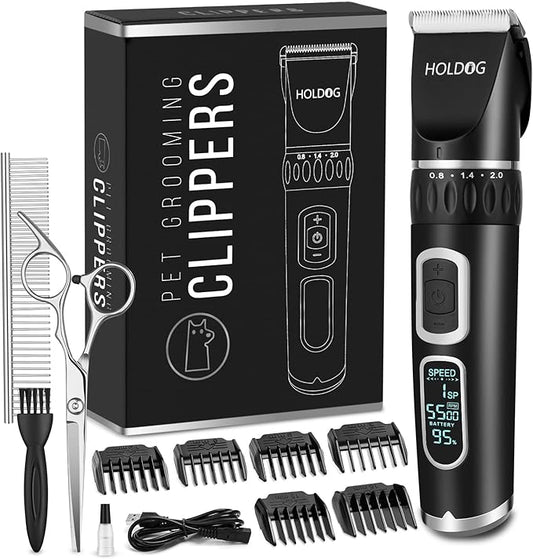 HOLDOG Dog Clippers Professional Heavy Duty Dog Grooming Clipper 3-Speed Low Noise High Power Rechargeable Cordless Pet Grooming Tools for Small & Large Dogs Cats Pets with Thick & Heavy Coats
