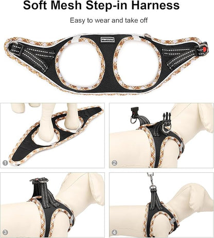 Mercano Soft Mesh Dog Harness and Leash Set, No-Chock Step-in Reflective Breathable Lightweight Easy Walk Vest Harnesses with Safety Buckle for Small Dogs, Cats (Black Yellow, XS)