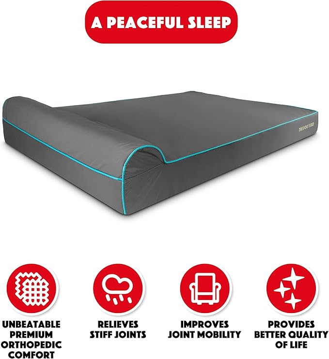 The Dog’s Bed Orthopedic Headrest Dog Bed XXXL Grey/Blue, Memory Foam, Pain Relief for Arthritis, Hip & Elbow Dysplasia, Post Surgery, Lameness, Waterproof Washable Cover, Veterinary Approved