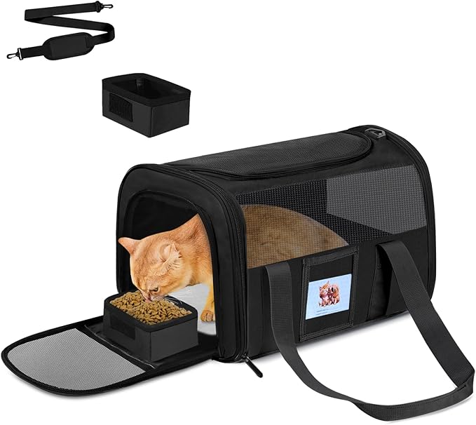 FOORLON Cat Carrier Soft for Pets Up to 25 Lbs, Cat Travel Bag with Padded Shoulder Strap and Detachable Cat Food Bowl, Pet Dog Carriers for Small Dogs Travel Puppy Carry Airline Approved, Black