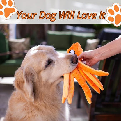 Orange Octopus Dog Toy – Squeaky & Crinkle Plush – No Stuffing Toy for Small Medium Large Dogs Puppies & Seniors – Interactive Safe Soft Toy for Tug Fetch Play – Tail Town