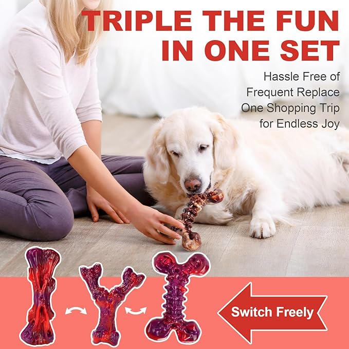 Long-Lasting Nylon Dog Chew Toys for Aggressive Chewers, Heavy-Duty Chew Bones for Medium & Large Dogs 25–80 lbs, Beef Flavor, 3-Pack (Red)