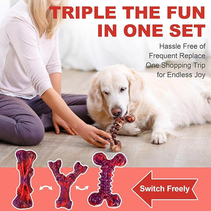 Long-Lasting Nylon Dog Chew Toys for Aggressive Chewers, Heavy-Duty Chew Bones for Medium & Large Dogs 25–80 lbs, Beef Flavor, 3-Pack (Red)