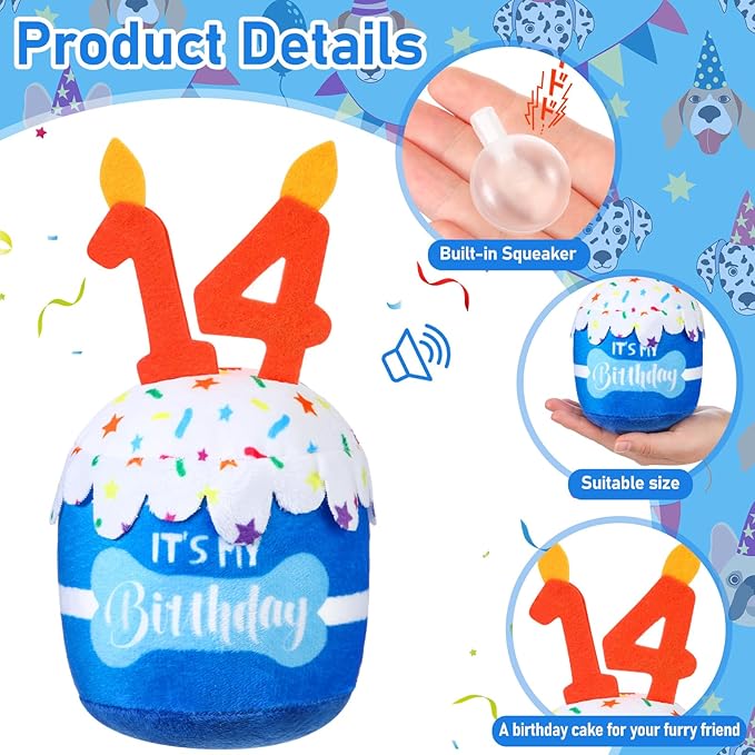 Dog Birthday Cake Toy Accessories for Girl Boy Gifts, Squeaky Plush Toy for Dog Birthday Party Decor Favor for Large, Medium and Small Dogs(14th,Blue)