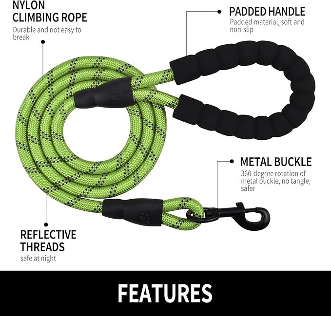 Panykoo 5/6 FT Strong Pet Dog Leash with Soft Padded Handle,Highly Reflective Rope for Night Walking,360-Degree Rotating Metal Buckle Without Tangles,Suitable for Small,Medium and Large Dogs.(6ft)