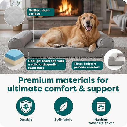 Furhaven Cooling Gel Dog Bed for Large Dogs w/ Removable Bolsters & Washable Cover, For Dogs Up to 95 lbs - Quilted Sofa - Silver Gray, Jumbo/XL
