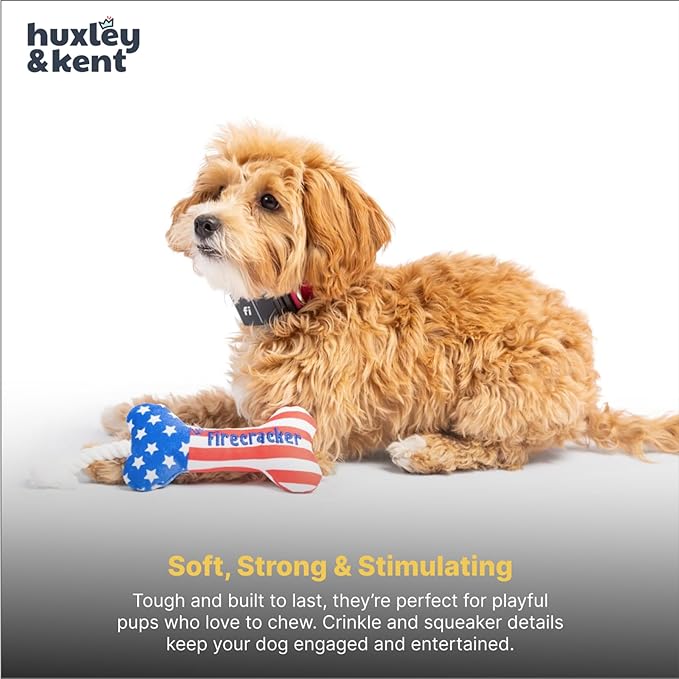 Huxley & Kent Interactive Crinkle Puppy Toys w/ Power Plush Tech - Cute Puppy Toy - Dog Toys for Enrichment ( Lil' Firecracker Bone, Small)
