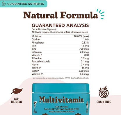 Natural Dog Company 25-in-1 Multivitamin for Dogs – Vet-Formulated Soft Chews for Puppies, Adults & Seniors, Supports Joints, Skin, Coat, Immune & Heart Health, NASC Certified, 180 Count