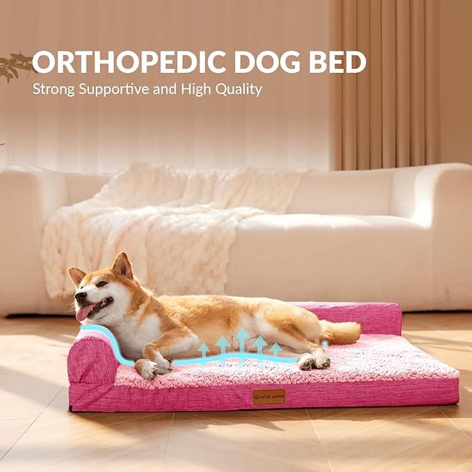 Patas Lague Orthopedic Jumbo Dog Bed for Extra Large Dogs 56''X40'', Waterproof L Bolster Pet Sofa Beds with Removable Washable Cover, Soft Comfortable Pet Couch Crate Mat with Nonskid Bottom, Pink