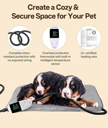 Ringco Pet Heating Pad for Dogs with 12 Adjustable Temperature, Waterproof & Chew Resistant Dog Heating Pad with Timer, Heated Dog Bed with Fleecy Cover (L: 32” x 20”)