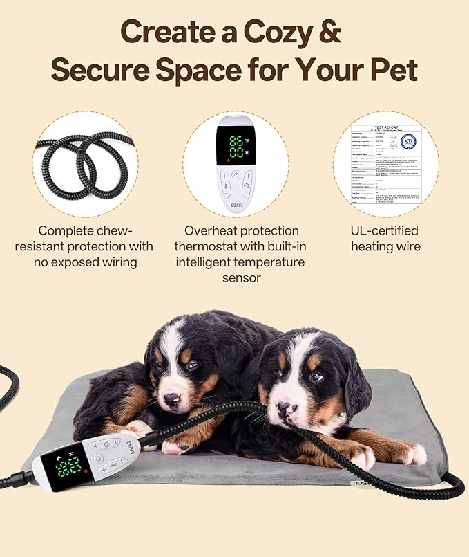 Ringco Pet Heating Pad for Cats & Small Dogs with 12 Adjustable Temperature, Waterproof & Chew Resistant Cat Heating Pad with Timer, Heated Cat Bed with Fleecy Cover (S: 20” x 16”)