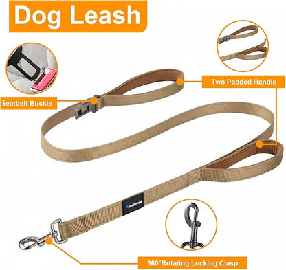 Annchwool No Pull Dog Harness,Heavy Duty Reflective Collar & Leash Set-Leash with Double Handle & Car Seatbelt Clip-Easy Control for Walking Training Medium Large Size Dogs(Brown,S)
