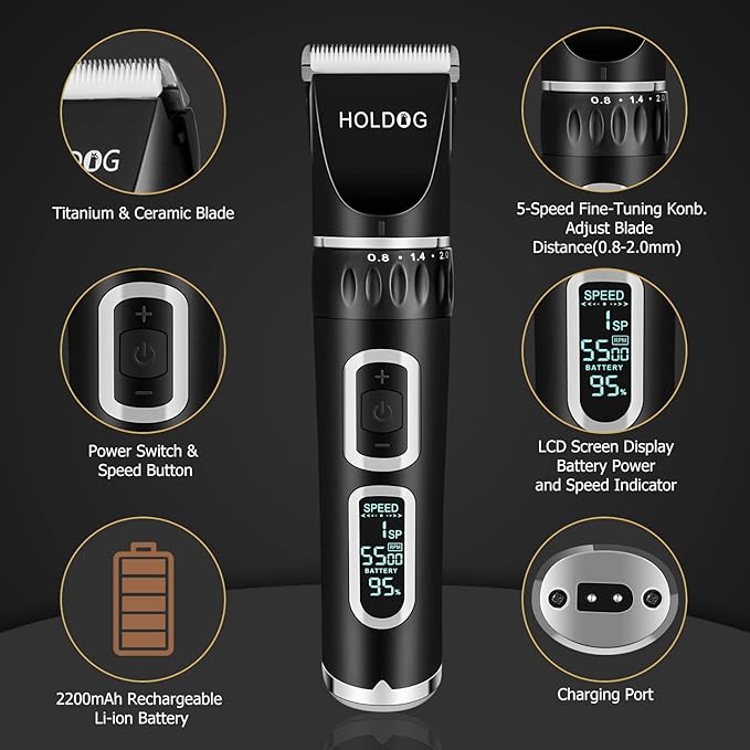 HOLDOG Dog Clippers Professional Heavy Duty Dog Grooming Clipper 3-Speed Low Noise High Power Rechargeable Cordless Pet Grooming Tools for Small & Large Dogs Cats Pets with Thick & Heavy Coats