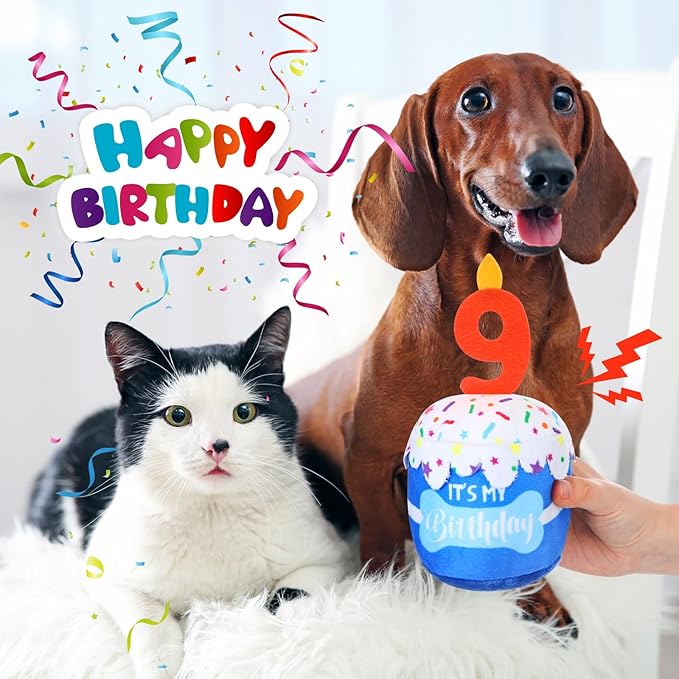 Dog Birthday Cake Toy Accessories for Girl Boy Gifts, Squeaky Plush Toy for Dog Birthday Party Decor Favor for Large, Medium and Small Dogs(9th,Blue)