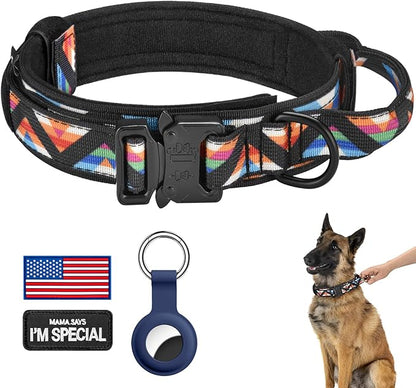 DAGANXI Tactical Dog Collar, Adjustable Military Training Nylon Dog Collar with Control Handle and Heavy Metal Buckle for Medium and Large Dogs, with Patches and Airtags Case (L, Colorful Triangle)