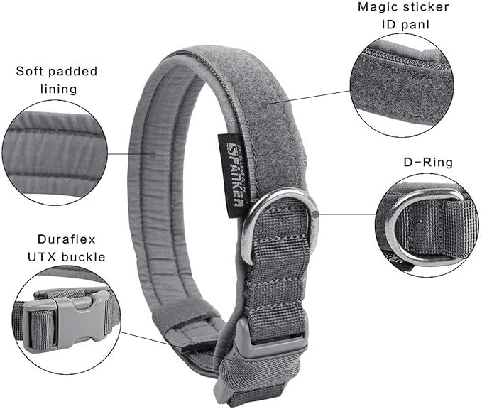EXCELLENT ELITE SPANKER Tactical Small Puppy Dog Collar Nylon Adjustable Heavy Duty Military for Small Medium and Large Dogs Pet Soft Padded Dog Collar(Gry-M)