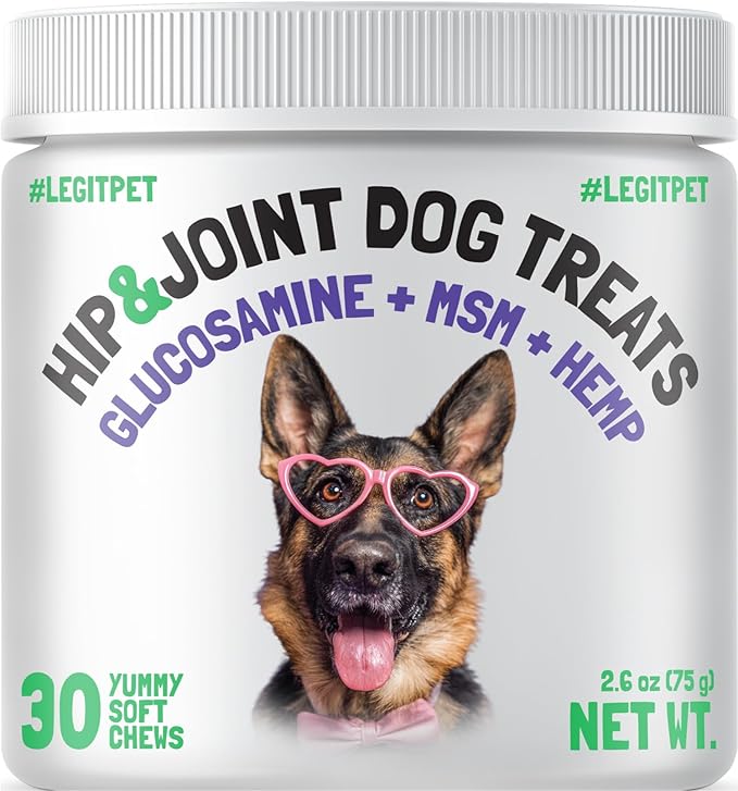 LEGITPET Hemp Hip & Joint Supplement for Dogs Soft Chews Made in USA Functional Glucosamine for Dogs Chondroitin MSM Turmeric Hemp Seed Oil Natural Pain Relief Mobility Advanced Joint 30 Treats