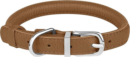 OOPSDOGGY Rolled Leather Dog Collar Soft Roll Collars for Small Medium Large Dogs Puppy (Brown, XS, 8"-11")