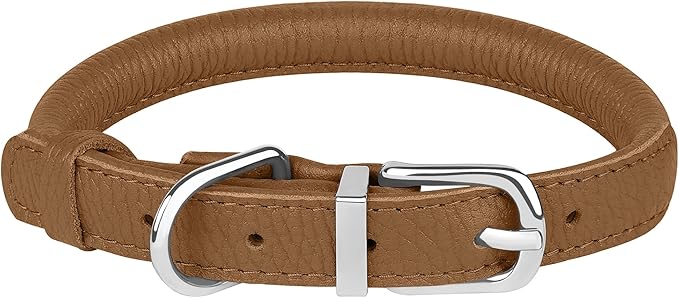 OOPSDOGGY Rolled Leather Dog Collar Soft Roll Collars for Small Medium Large Dogs Puppy (Brown, XL, 17"-21")
