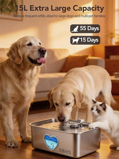 SIBAYS 15L Large Dog Water Fountain, 4 Gal Stainless Steel Pet Water Fountain for Dogs Inside, Ultra Quiet Automatic Dog Water Bowl Dispenser with Water Level Window & LED Light, Easy to Clean FS80