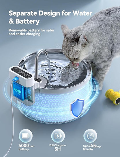Wireless Cat Water Fountain with Sensor [Water & Battery Separation] FEELNEEDY Smart Pet Water Fountain, 3.5L/118oz 4000mAh Battery Operated Water Fountains for Cats Dogs + 6 Filters