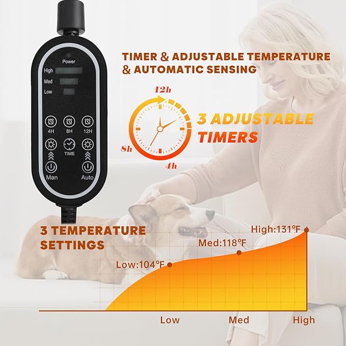 Orznez Pet Heating Pad for Cat, Electric Heated Mat with 3 Temperatures & 3 Timers, Automatic Induction Heated Cat Bed, Chew Resistant Cord (Dark Grey, 27.6" x 15.7")