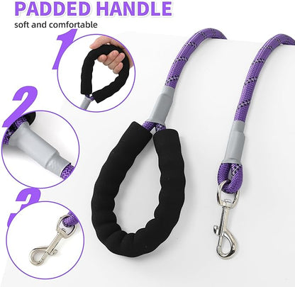 Mile High Life Reflective Dog Leash, with Comfortable Padded Handle, Purple Nylon Rope Leash with Steel Tips, Heavy Duty 4 Feet Pet Leashes (Purple,72 Inches)