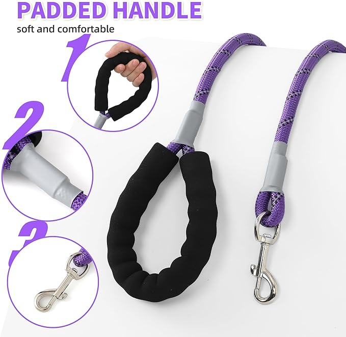 Mile High Life Reflective Dog Leash, with Comfortable Padded Handle, Purple Nylon Rope Leash with Steel Tips, Heavy Duty 4 Feet Pet Leashes (Purple,60 Inches)