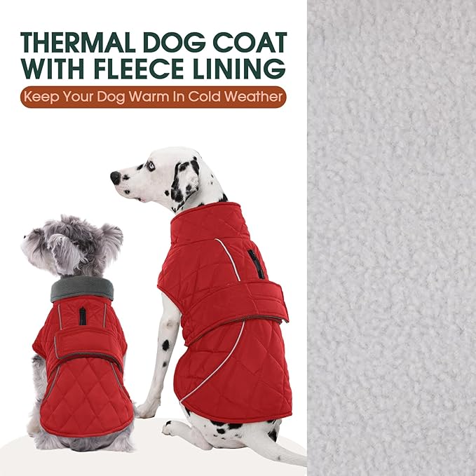 Kuoser Dog Coat, Super-Warm Dog Jacket Windproof Pet Cold Weather Coats for Extra Large Dogs, Fleece Lining Quilted Turtleneck Puppy Snowsuit Reflective Adjustable Doggie Winter Clothes, Red, 3XL