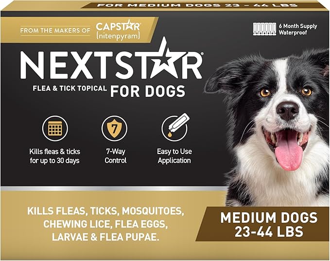 NEXTSTAR Flea and Tick Prevention for Dogs, Repellent, and Control, Fast Acting Waterproof Topical Drops for Medium Dogs, 6 Monthly Doses