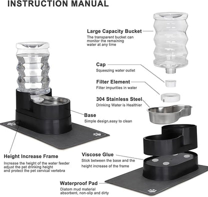 RIZZARI Automatic Cat Water Dispenser: Black 7L Elevated - Stainless Steel Gravity Feeder with Specialized Brush and Triple Filtration - Splash Guard Mat - Use in Bedroom and Livingroom