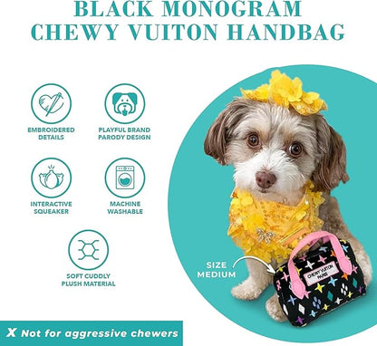Haute Diggity Dog Black Monogram Chewy Vuiton Handbag, Plush Designer Dog Toys with Interactive Squeaker, Stimulating Pet Enrichment, Machine-Washable & Safe Materials for All Breeds, Size Small