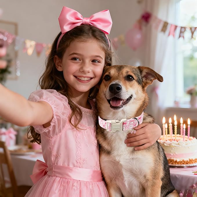 DOGWONG Pink Plaid Dog Collar-Cute Pink Bowtie Print Dog Collar, Adjustable Cotton Girl Female Pet Collar with Quick Release Buckle,L