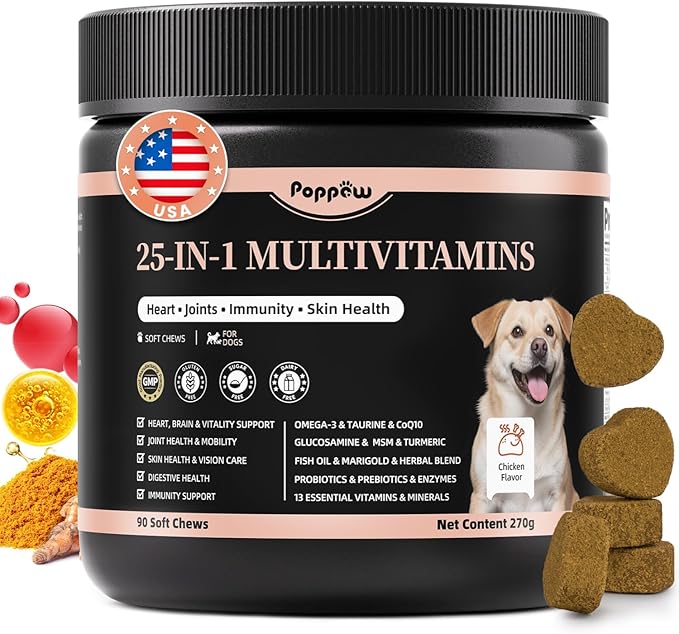 25-in-1 Dog Multivitamin Chews – All-in-One Daily Vitamins & Supplements for Dogs, Joint Support with Glucosamine MSM, Omega-3 Skin & Coat, Gut, Heart & Brain, All Breeds & Ages, Chicken, 90 Ct