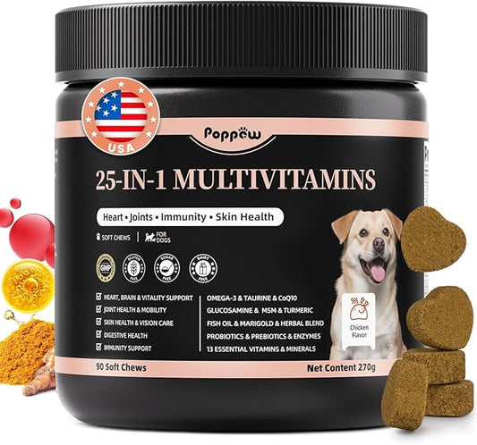 25-in-1 Dog Multivitamin Chews – All-in-One Daily Vitamins & Supplements for Dogs, Joint Support with Glucosamine MSM, Omega-3 Skin & Coat, Gut, Heart & Brain, All Breeds & Ages, Chicken, 90 Ct