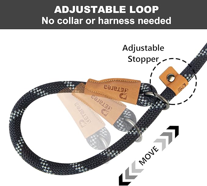 5 FT Slip Lead Dog Leash, Heavy Duty Rope Leash for Small Medium Large Dogs, No Pull Training Lead with Reflective Thread, Strong Comfortable Loop Leash (Black Stripe, Medium(3/8"))