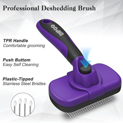 Dipoo Self Cleaning Cat & Dog Grooming Brush - Skin Friendly Deshedding Hair Brush for Haired Dogs & Puppies, Purple