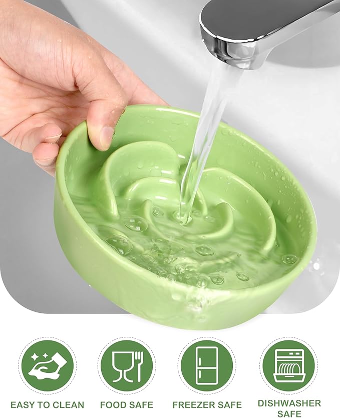 TRUVIC Ceramic Slow Feeder Dog Bowls Small Breed, 0.6 Cup Slow Feeder Cat Bowls for Fast Eaters, Ceramic Dog Food Dish no Black Chin, Puzzle Bowl for Small Dogs and Cats, Green