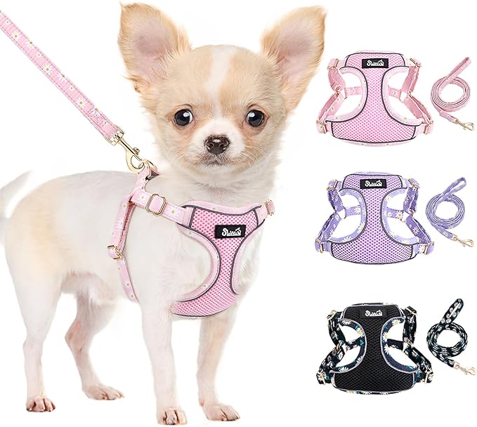 SlowTon Small Dog Harness - No Pull Dog Harness and Leash Set, Soft Mesh Lightweight Puppy Vest Harnesses, Adjustable Pet Harnesses for XXS XS Small Medium Easy Walk Hiking (Pink, XS)