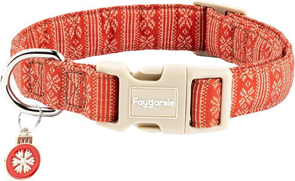 Faygarsle Christmas Dog Collar, Red Nordic Pattern, Plastic Buckle with Metal D-Ring, Holiday Pet Accessory,for Small Medium Large Dogs XS
