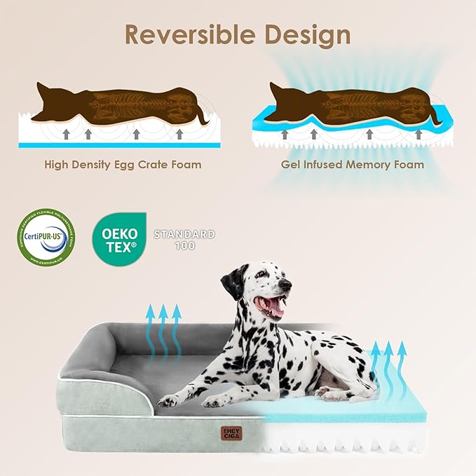 EHEYCIGA Orthopedic Dog Beds for Extra Large Dogs, Waterproof Memory Foam XXL Dog Bed with Sides, Non-Slip Bottom and Egg-Crate Foam Big Pet Couch Bed with Washable Removable Cover, Greyish Green