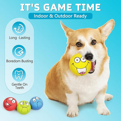 HDSX 4 Pack 2.8" Smiley Face Squeaky Dog Toys Soft Dog Balls Latex Rubber Squeak Dog Toys for Small Medium Puppy Pet Dogs (Flat Ball)