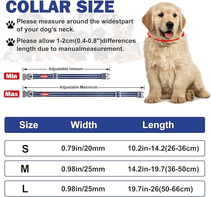 Tacwild Adjustable Reflective Dog Collar, Puppy Collar with D-Ring Buckle - Durable Safety Nylon Dogs Collars for Medium Dogs (Blue-M)