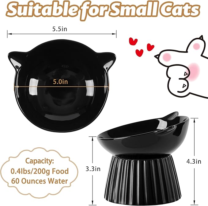 Wellbro Ceramic Raised Cat Bowl，Tilted Raised Bowl Anti Vomit for Indoor Cats Whisker Friendly Pet Feeder for Cats Puppies, Microwave and Dishwasher Safe (Black)