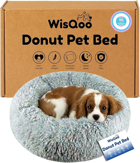 WisQoo Calming Donut Pet Bed – Plush & Supportive Round Bed with Extra Filling for Comfort – Removable Cover & Water-Resistant Liner – Cozy, Fluffy Nest for Dogs & Cats (Grey, 23" L x 23" W x 8”Th)